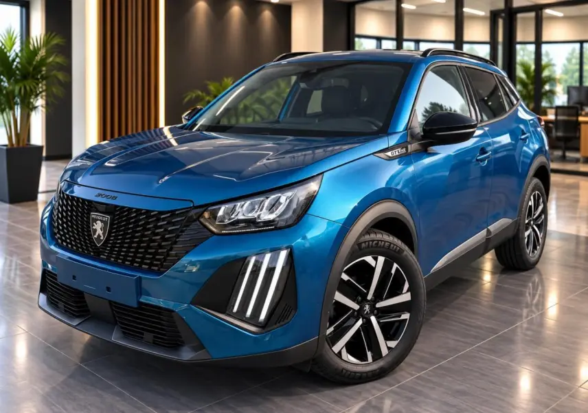 Peugeot 2008 bleu obsession en 3/4 avant droit, avec calandre noire et feux LED verticaux distinctifs.