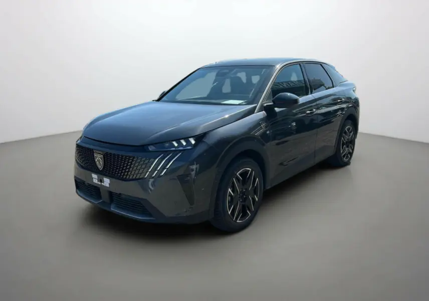 Peugeot 3008 hybride 2025 gris titane avec toit noir, vue 3/4 avant droit mettant en valeur sa calandre distinctive.