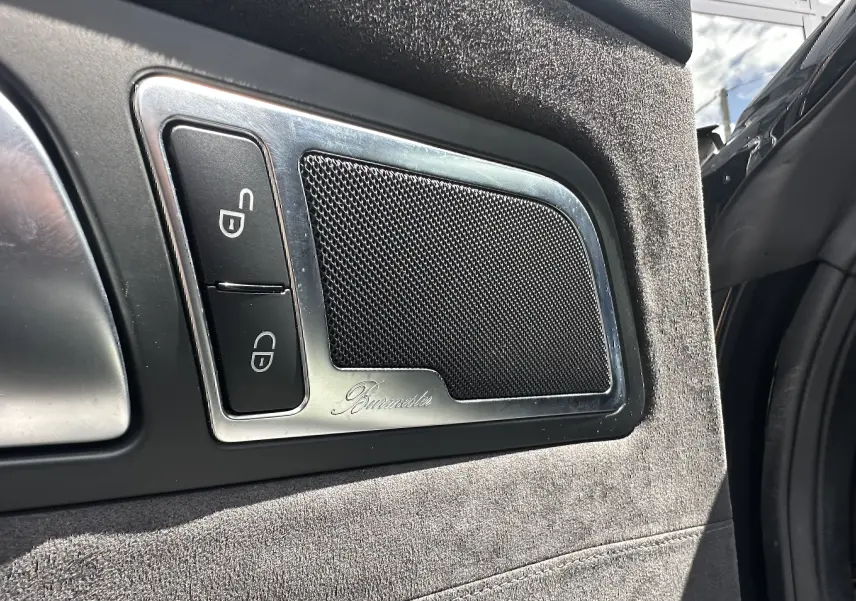 Gros plan sur la porte côté gauche du Mercedes AMG GT 2015 gris foncé, mettant en valeur l'enceinte Burmester et les boutons de verrouillage.