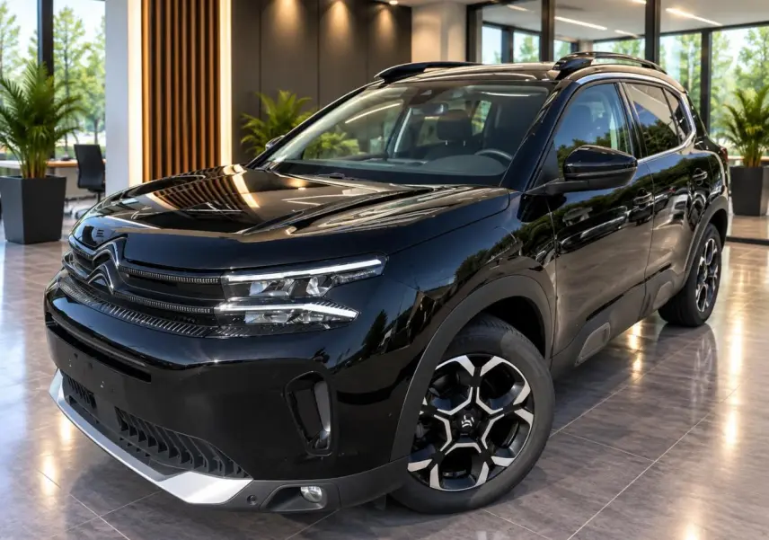 Citroën C5 Aircross 2025 new dark blue en 3/4 avant droit, avec jantes distinctives et toit noir brillant.
