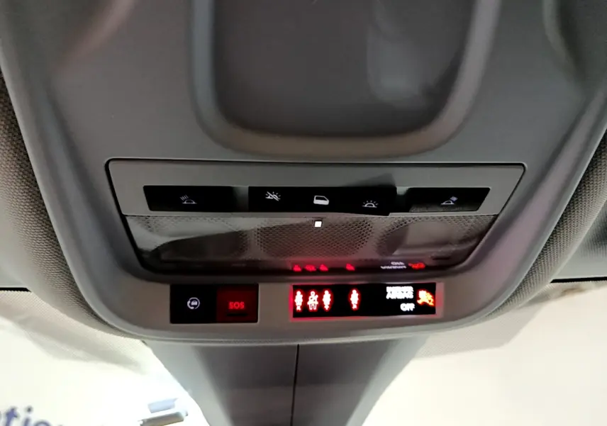 Vue en contre-plongée du panneau de commandes au plafond de l'Opel Grandland X noir, avec boutons SOS et éclairage intérieur.