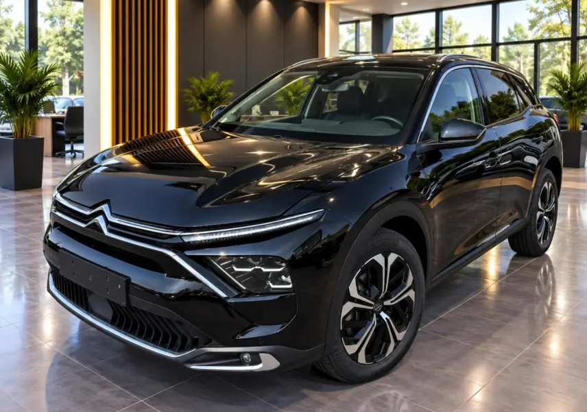 Citroën C5 X noir perla vue 3/4 avant droit, avec calandre distinctive et jantes bicolores modernes.