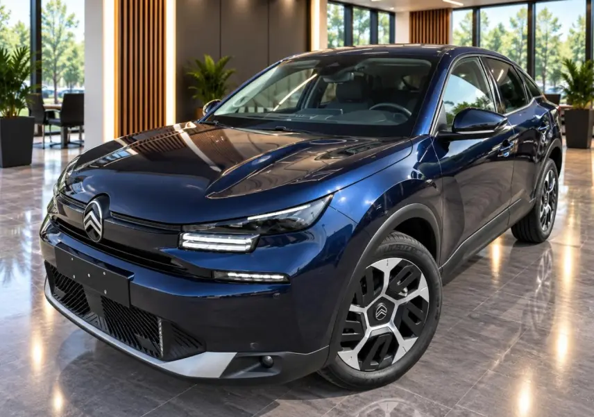 Citroën C4 1,2 Hybrid 2025 bleu eclipse vue 3/4 avant en intérieur avec jantes distinctives et éclairage LED.