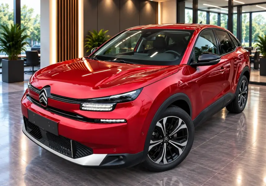 Citroën C4 2025 rouge elixir en 3/4 avant droit, avec phares LED et jantes alliage noires et argentées.