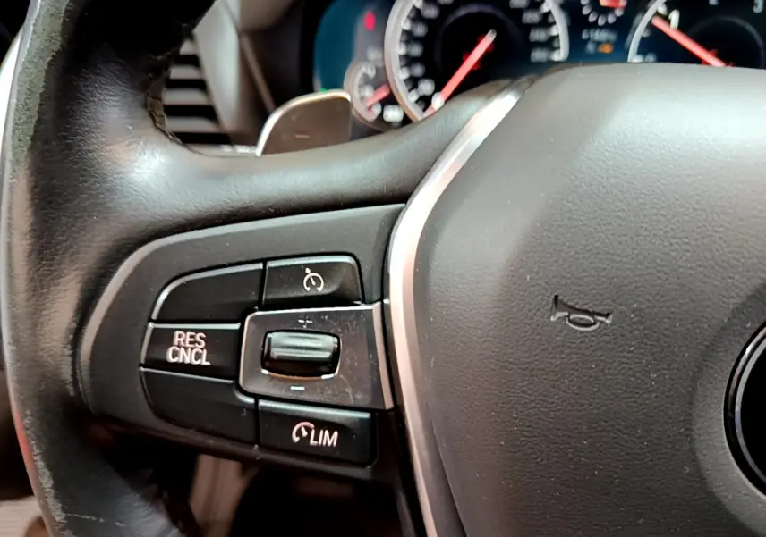 Gros plan sur le volant cuir noir de la BMW X3 2019 avec commandes de régulateur de vitesse et tableau de bord flou.