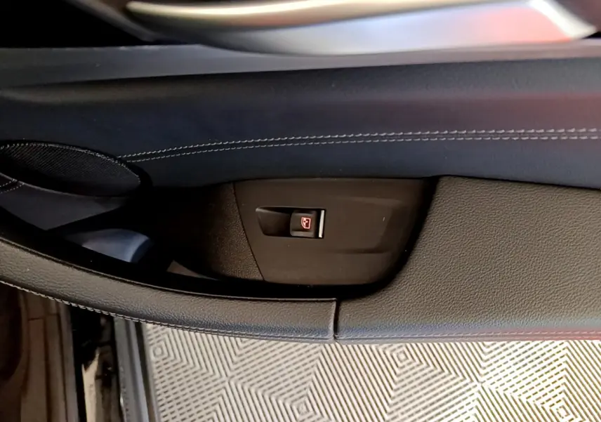 Bouton de verrouillage des portes sur la garniture intérieure côté gauche en cuir noir du BMW X3 xDrive20d 2019.