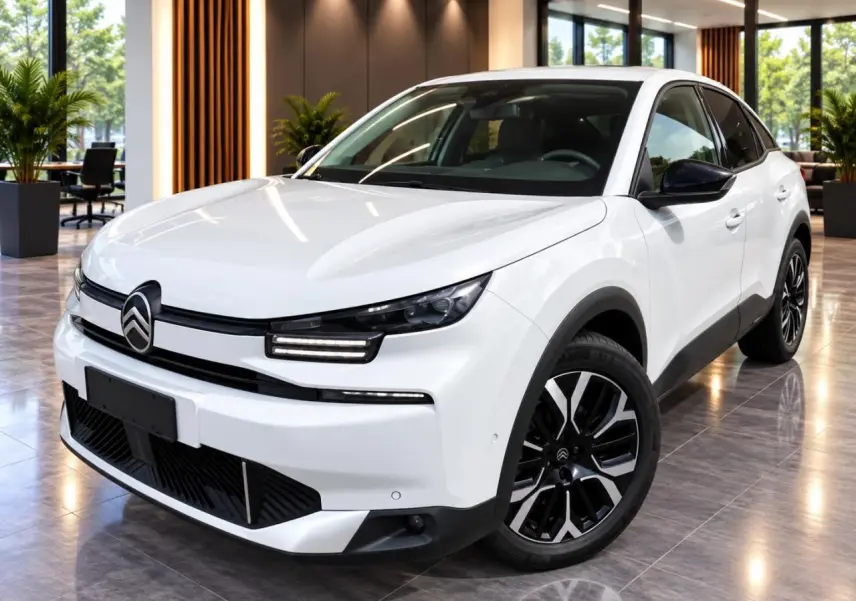 Citroën C4 blanc okenite vue 3/4 avant droit en intérieur, avec phares LED et jantes noires distinctives.