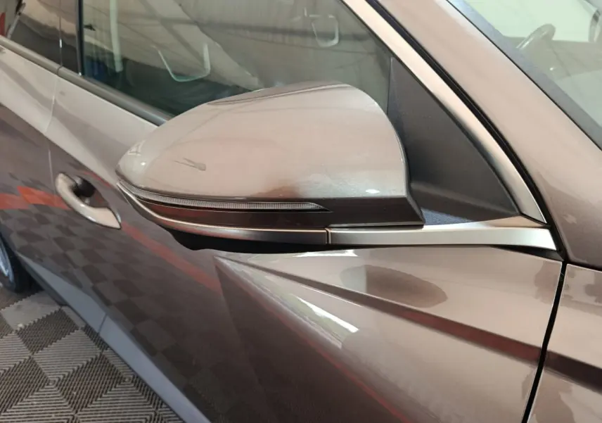 Rétroviseur côté gauche marron du Hyundai Tucson 2022 1.6 PHEV, avec clignotant intégré et poignée de porte visible.