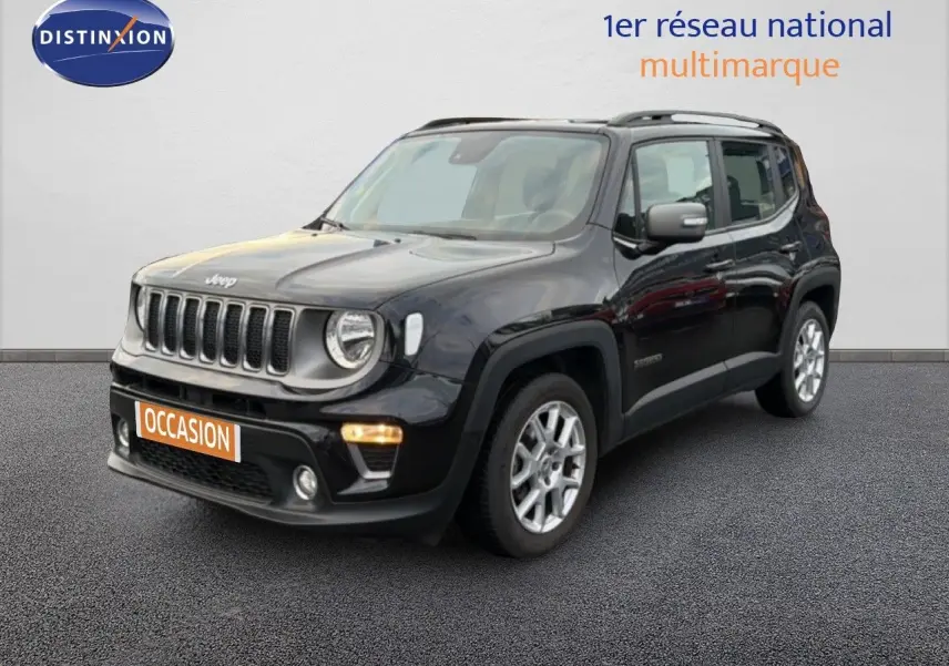 Jeep Renegade noir vu en 3/4 avant droit avec calandre distinctive et jantes argentées.