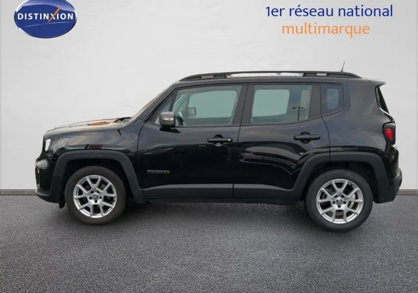 Jeep Renegade noir vue de profil côté gauche, avec jantes alliage et toit équipé de barres de toit.