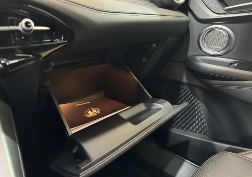 Gant de porte ouvert côté passager montrant le rangement intérieur avec manuel Alfa Romeo Tonale 2023 rouge.