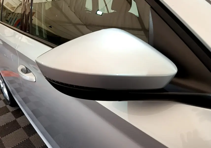 Rétroviseur côté gauche gris clair du Skoda Kamiq 2022, avec poignée de porte et partie de la carrosserie visibles.