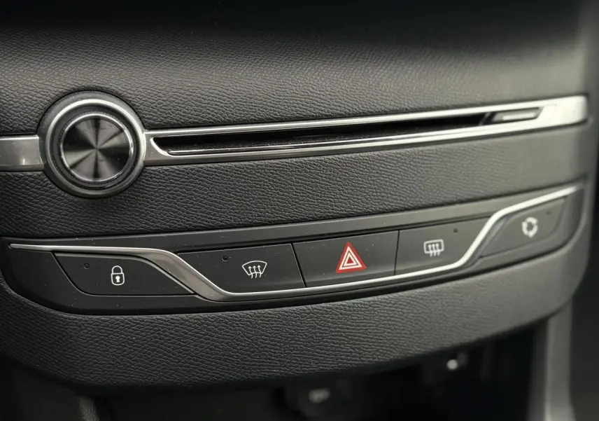 Gros plan sur la console centrale noire de la Peugeot 308 Allure 2019 avec boutons de verrouillage et hazard visibles.