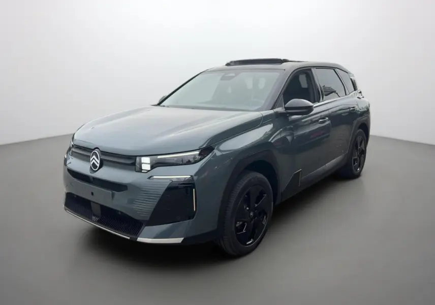 Citroën C5 Aircross New Hybrid 145 Max T.O vert Astoria, vue 3/4 avant avec toit noir et jantes noires.