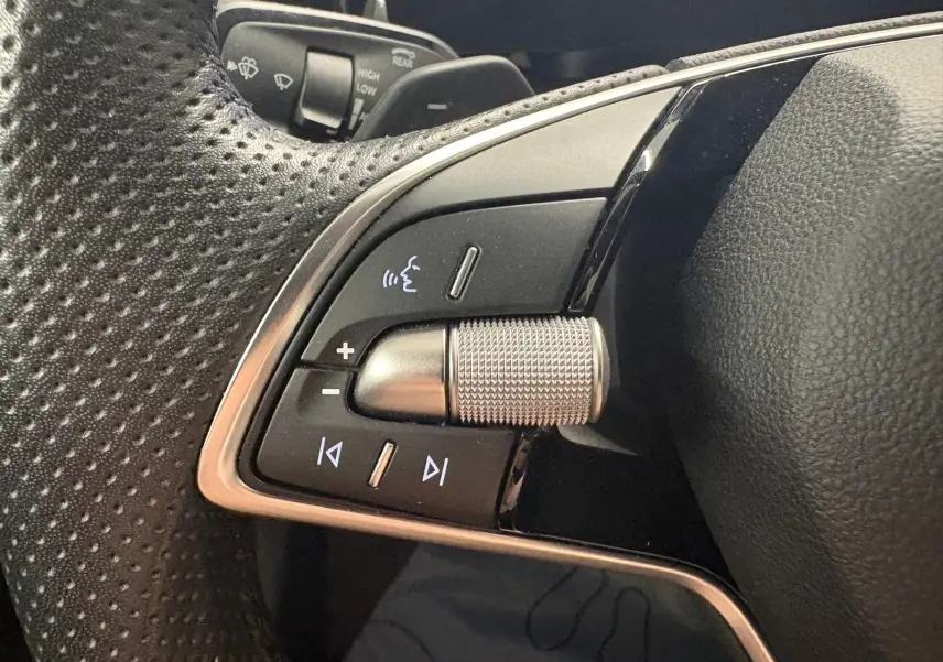 Gros plan sur les commandes du volant côté gauche du Skoda Kodiaq gris graphite 2025, version diesel 2.0 TDI DSG7.