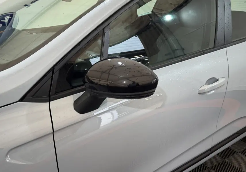 Vue rapprochée du côté gauche d'une Renault Clio gris clair avec rétroviseur noir brillant et poignée de porte visible.