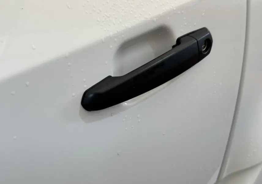 Poignée de porte noire sur la portière blanche d'une Aixam MINAUTO E ACCESS 2025 avec gouttes d'eau visibles.