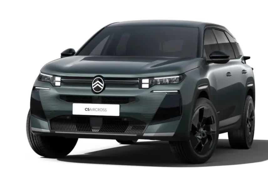 Citroën C5 Aircross hybride 2026 vert Astoria avec toit noir, vue 3/4 avant mettant en valeur ses phares LED et jantes noires.