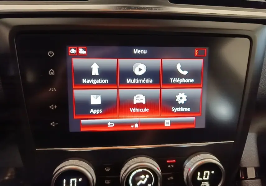 Écran tactile central du tableau de bord du Renault Kadjar Business gris foncé, affichant le menu principal.