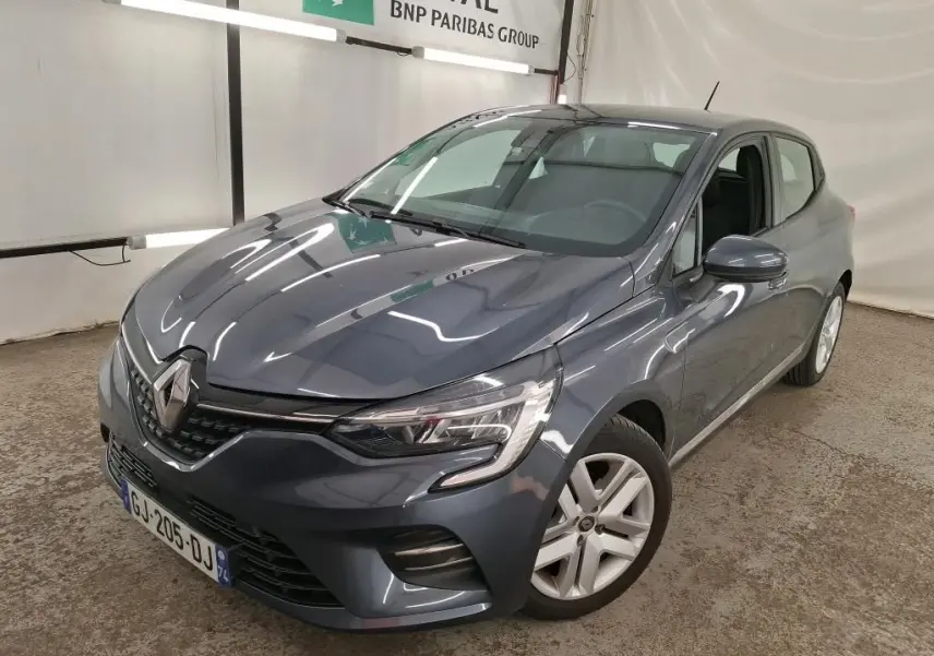 Renault Clio Business Edition gris foncé vue 3/4 avant droit, avec phares LED et jantes alliage visibles.