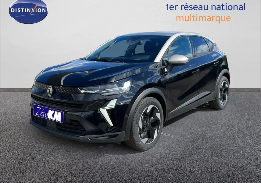 Renault Captur 2025 noir étoile métal avec toit gris, vue 3/4 avant droit mettant en valeur ses phares LED et jantes biton.