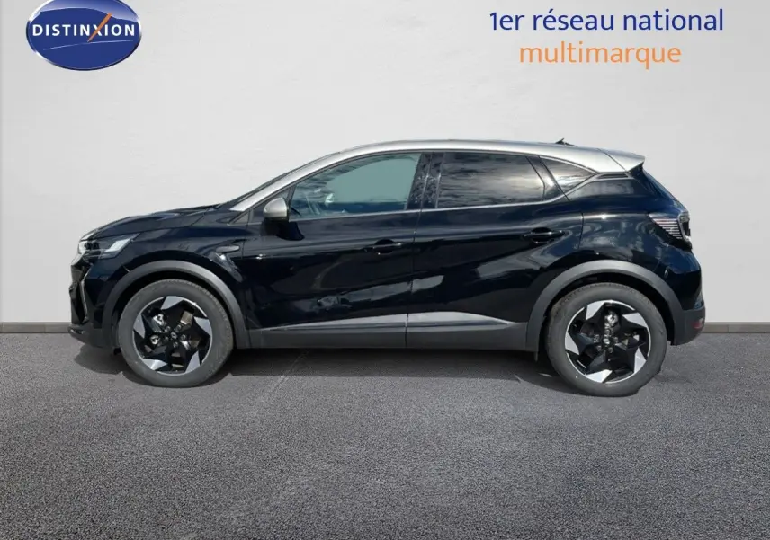 Vue latérale droite d'un Renault Captur 2025 noir étoile métal avec toit gris, version hybride full hybrid 145ch.