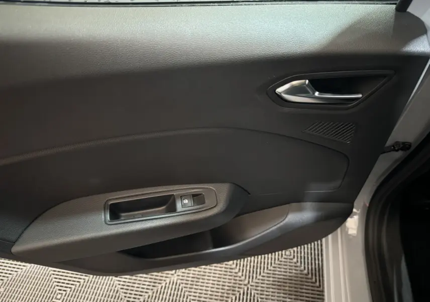 Vue intérieure côté gauche de la porte avant gris clair de la Renault Clio Evolution Blue dCi 100 avec poignée et commande de fenêtre.