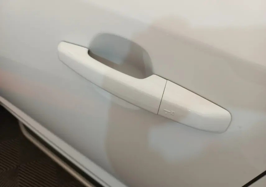 Poignée de porte blanche en gros plan sur le côté gauche d'un Jaguar E-PACE D180 BVM AWD R-DYNAMIC S 2019.