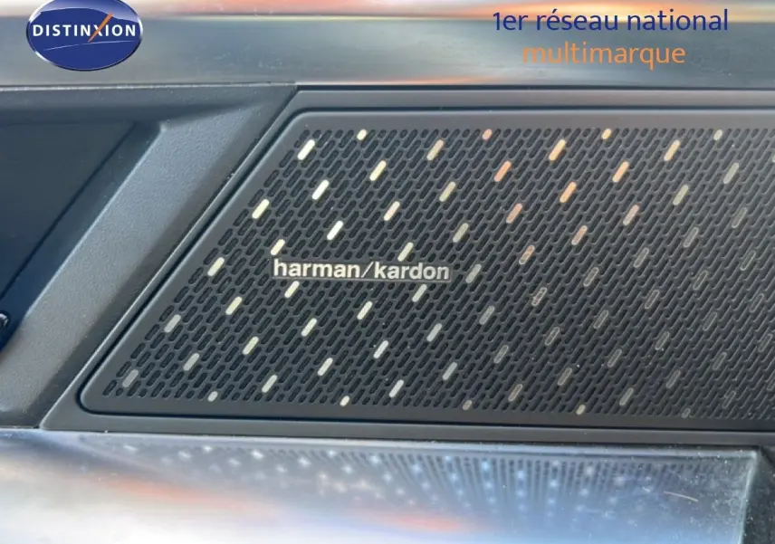 Gros plan sur l'enceinte Harman Kardon intégrée à la porte intérieure du Renault Austral Iconic Esprit Alpine blanc et noir.