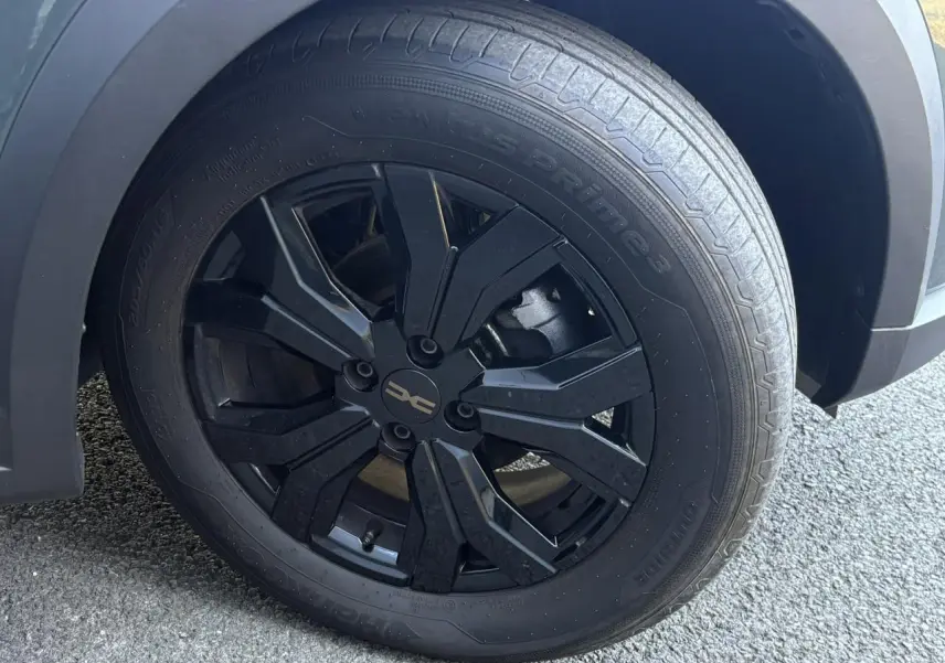 Gros plan sur la jante noire en aluminium 16 pouces Mahalia avec logo Dacia sur un Dacia Sandero Vert Cèdre.