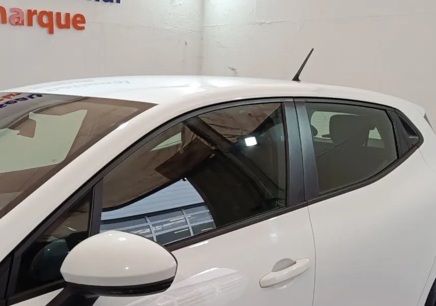 Vue latérale gauche d'une Renault Clio Business TCe 90 blanche, mettant en valeur la portière et le rétroviseur extérieur.