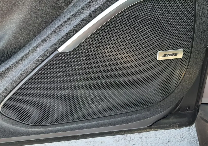 Gros plan sur le haut-parleur Bose intégré à la porte intérieure noire du Renault Scenic IV gris cassiopée.