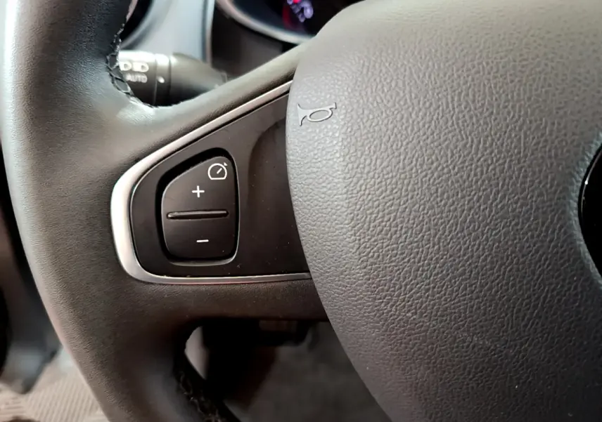Gros plan sur le volant cuir de la Renault Clio Business TCe 90, avec commandes de régulateur de vitesse visibles.