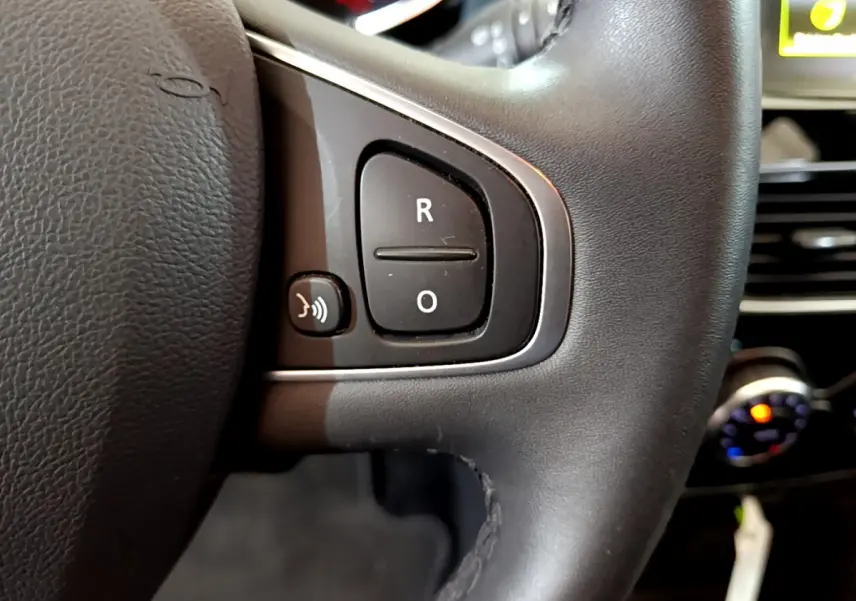 Gros plan sur les commandes vocales du volant cuir noir de la Renault Clio Business TCe 90, intérieur sombre.