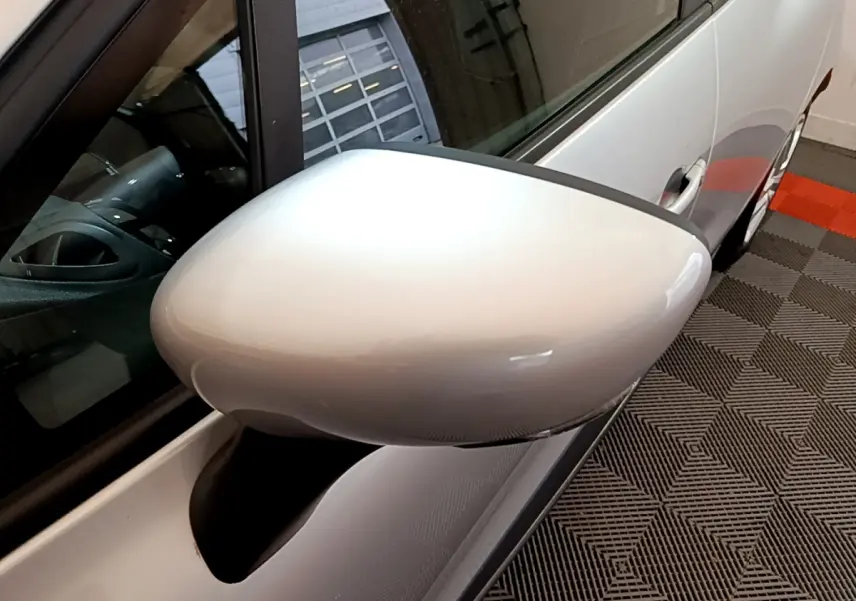 Rétroviseur côté gauche gris clair d'une Renault Clio Business TCe 90 2019, vue rapprochée en intérieur.