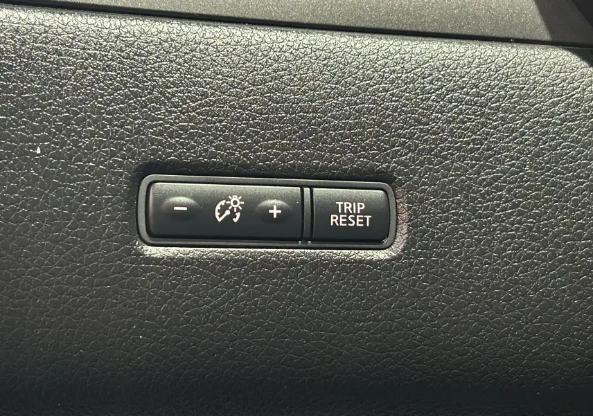 Boutons de réglage du régulateur de vitesse et de remise à zéro du compteur sur tableau de bord noir d'une Nissan Pulsar gris 2018.