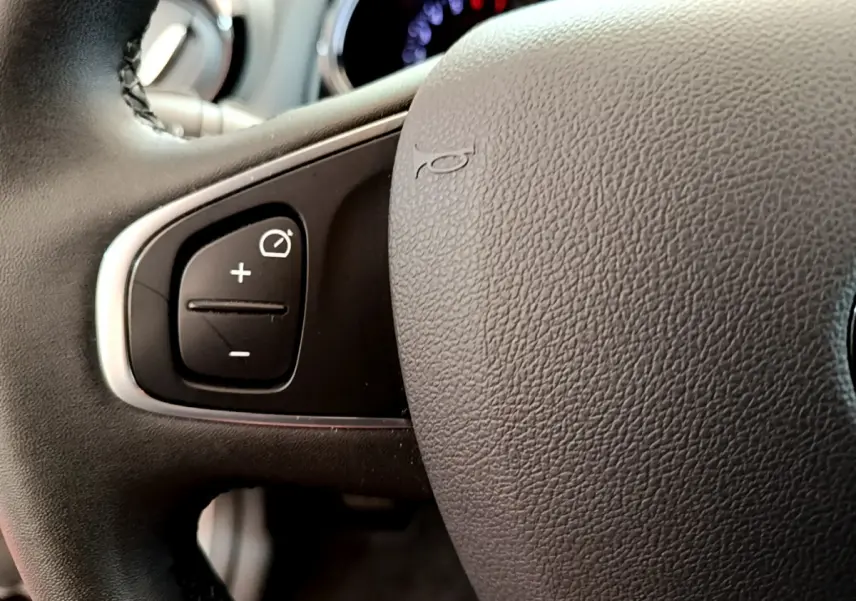 Gros plan sur les commandes de régulateur de vitesse à gauche du volant cuir d'une Renault Clio Business gris clair 2019.