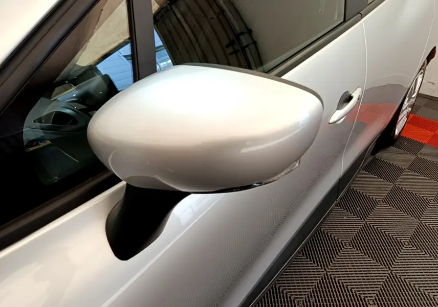 Rétroviseur côté gauche gris clair de la Renault Clio Business TCe 90 2019, vue rapprochée sur porte et vitre.