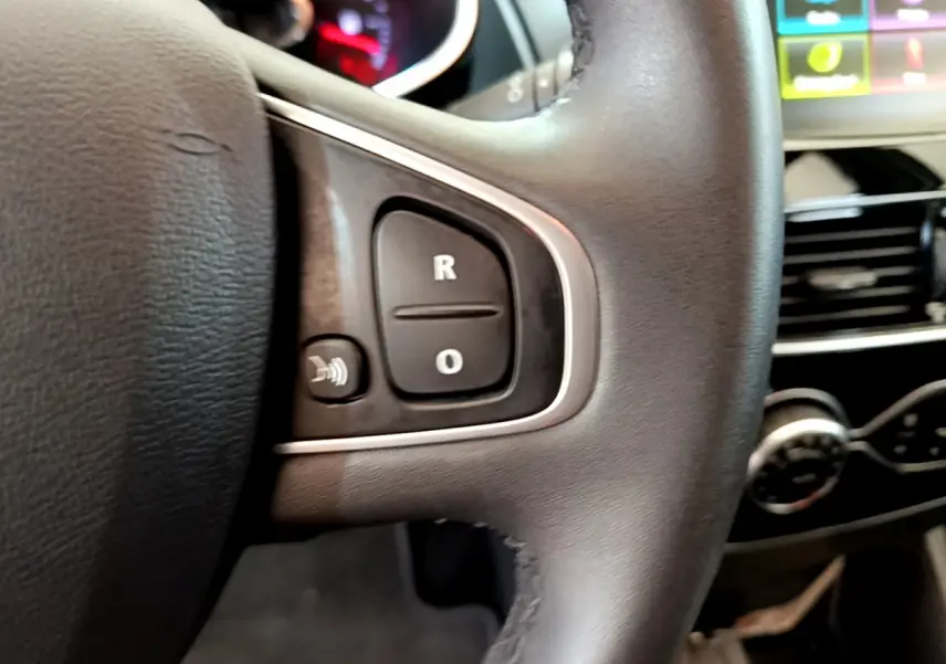 Gros plan sur le volant cuir noir de la Renault Clio Business TCe 90, avec commandes vocales et tableau de bord partiellement visible.