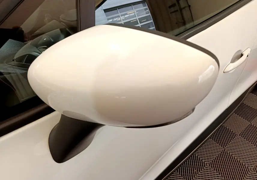 Rétroviseur côté gauche blanc de Renault Clio Business TCe 90 2019, avec poignée de porte visible en arrière-plan.