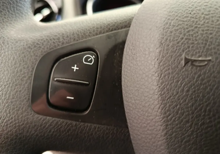 Gros plan sur le volant du Renault Trafic Fourgon 2017, bouton de réglage de l'éclairage visible sur cuir noir.