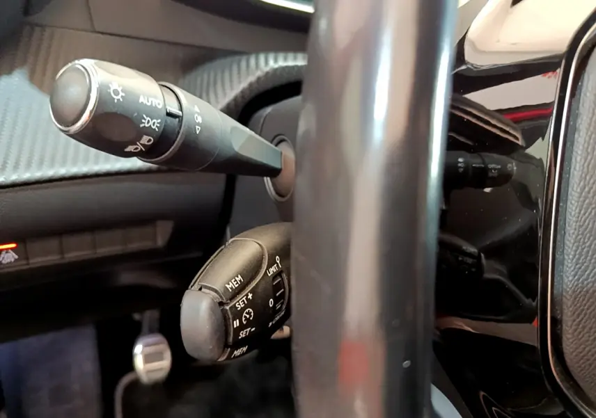 Gros plan sur les commandes au volant du Peugeot 208 GT Line 2020, avec levier de clignotants et régulateur de vitesse.