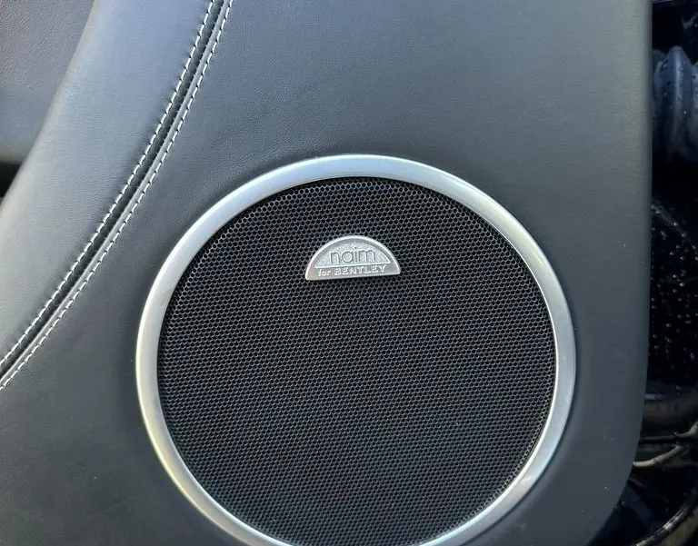 Haut-parleur Naim intégré dans la porte en cuir noir de la Bentley Continental GT Speed 2015.