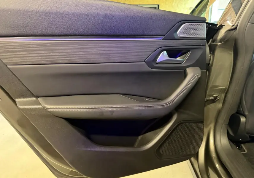 Vue intérieure côté gauche de la porte arrière grise d'une Peugeot 508 II avec insert bois et haut-parleur Focal.