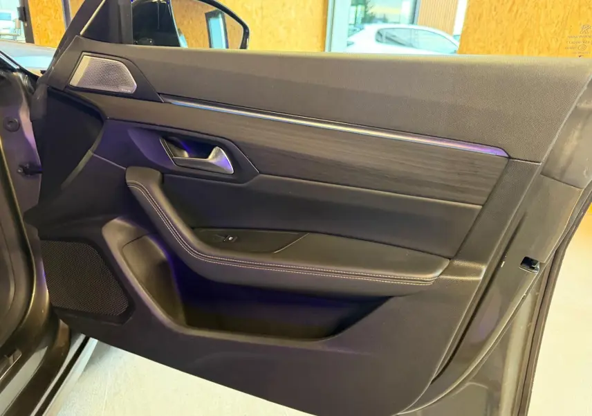 Vue intérieure côté gauche de la porte avant grise du Peugeot 508 II avec insert bois et commande de vitre électrique.
