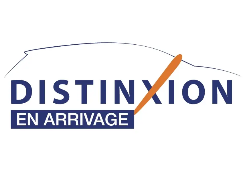 Silhouette stylisée d'une voiture bleue vue de profil avec texte "DISTINXION EN ARRIVAGE" en bleu et orange.
