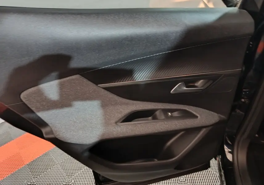 Gros plan sur la porte intérieure côté gauche du Peugeot 3008 2020, avec habillage noir et gris texturé.