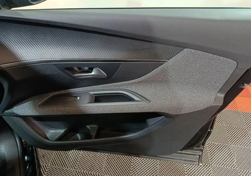 Vue rapprochée de la porte côté gauche du Peugeot 3008 2020 avec revêtement gris texturé et poignée noire.