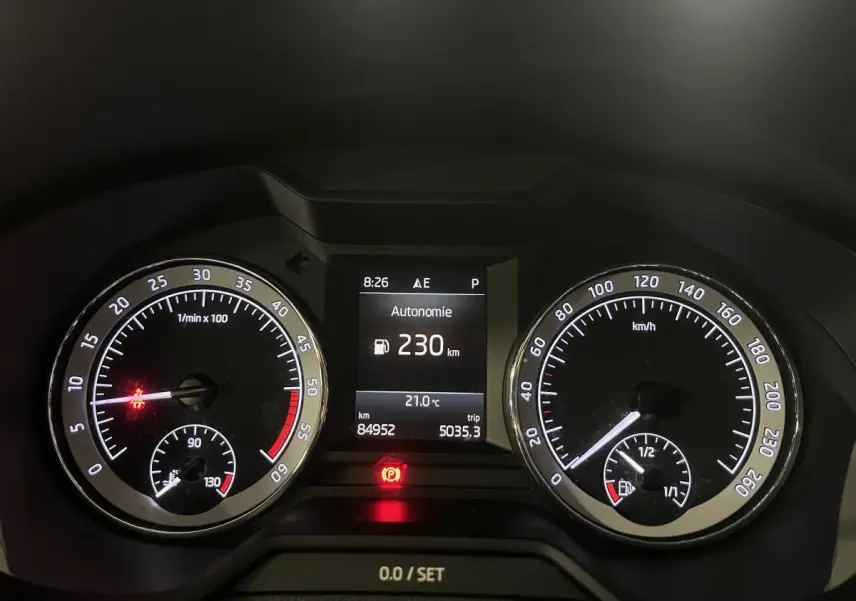 Tableau de bord numérique de Skoda Octavia gris 2020, affichant autonomie 230 km et compteurs ronds éclairés.