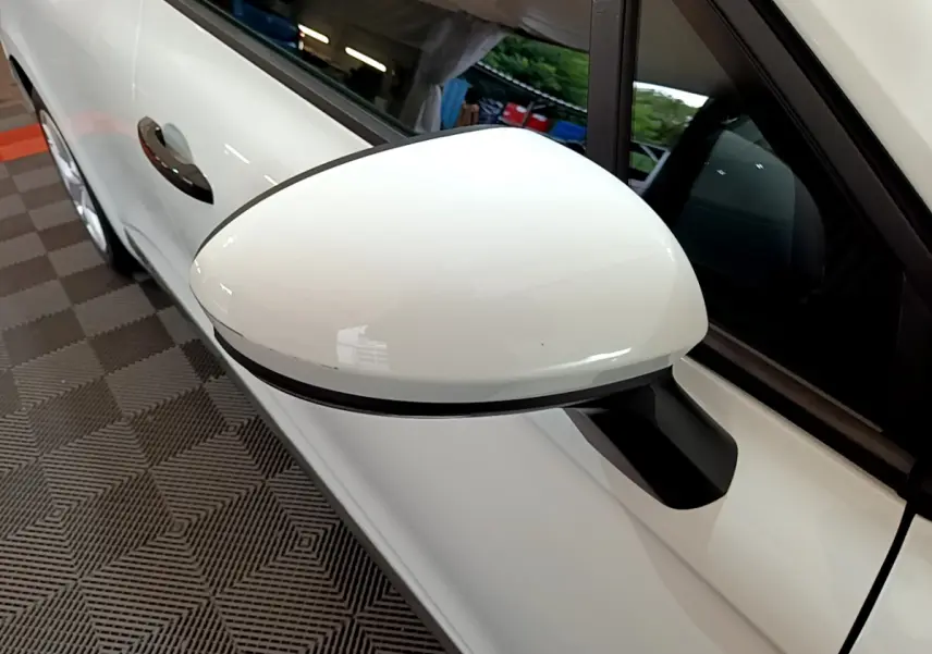 Rétroviseur côté gauche blanc de la Renault Clio Business 2021, avec poignée de porte assortie visible en arrière-plan.